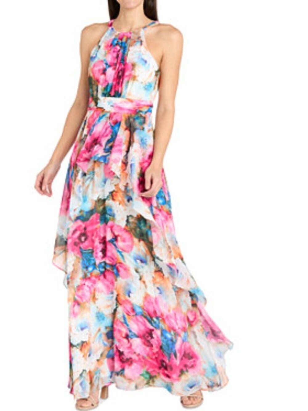 Flowy Watercolor Floral Chiffon Peplum Maxi Dress Ruffle Halter High Neck 16 NWT
